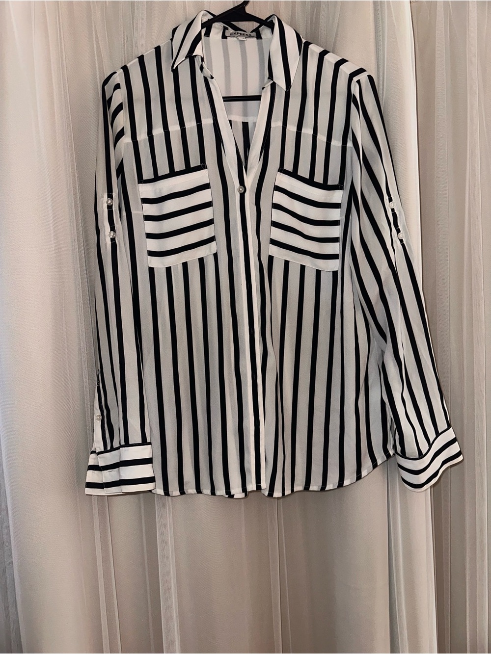 Express Black and White Vertical Stripe Button-Down Shirt